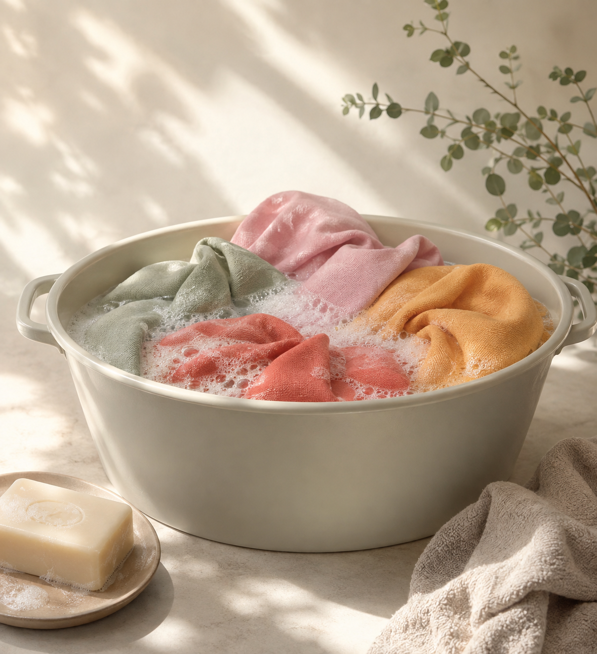 Colourful Celmara silk scarves resting in a basin of soapy water